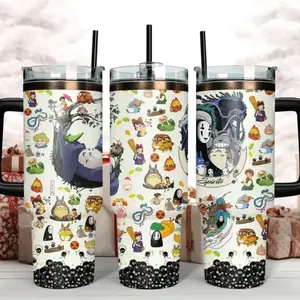 Studio Ghibli Tumbler – Totoro, No-Face & Calcifer Anime Travel Mug With Straw, Premium Insulated Stainless Steel Cup, Cute Aesthetic Fan Gift Idea