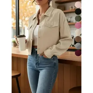Women’s Plain Drop-Shoulder Corduroy Jacket with Front Buttons and Casual Pocket Design, Long Sleeves for Autumn and Winter GARMENTARY