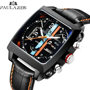 Automatic Watch for Men Mechanical Leather Stainless Steel Black Orange Casual 40mm Square Perspective See Through Fashion Wristwatches