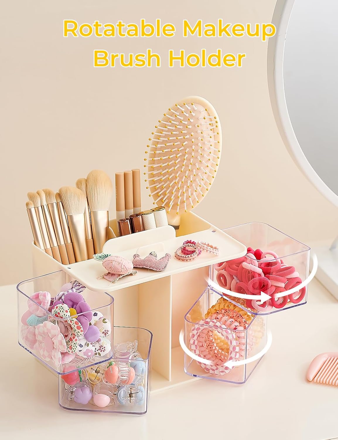 Hair Accessories Organizer with Hair Brush Holder, 4 Drawer Rotatable Hair Tie Organizer for Makeup Brushes, Hair Clips, Earrings, Necklaces, Bracelets and Hair Accessories, White, 2-Layer