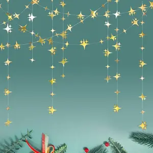 Glitter Gold Four-Angle Star Paper Garland Banner Décor 40 Feet Gold Twinkle Star Hanging Bunting Banner Backdrop for Wedding Baby Shower Birthday Graduation Disco Party Decorations