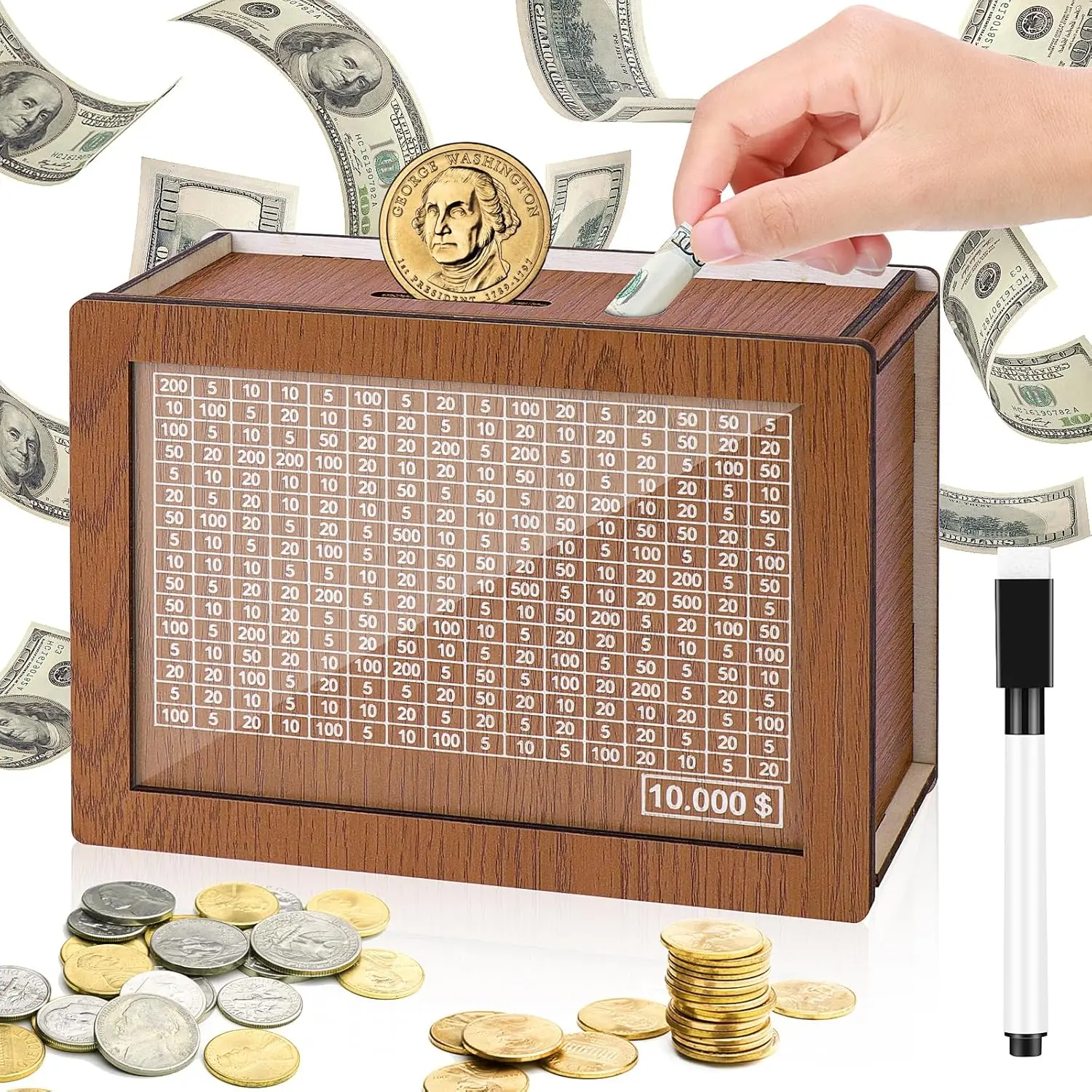 10000 Savings Challenge Box, Cashbox Kakeibo Money Box Cash Vault Wooden Savings Box Money Box, Coin Counter Piggy Bank for Adults, Money Box with Counter for Kids