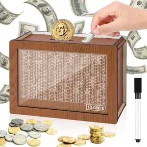 10000 Savings Challenge Box, Cashbox Kakeibo Money Box Cash Vault Wooden Savings Box Money Box, Coin Counter Piggy Bank for Adults, Money Box with Counter for Kids