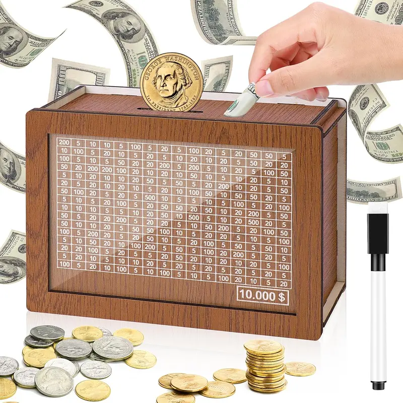 10000 Savings Challenge Box, Cashbox Kakeibo Money Box Cash Vault Wooden Savings Box Money Box, Coin Counter Piggy Bank for Adults, Money Box with Counter for Kids