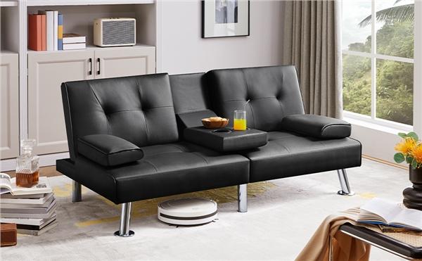 Yaheetech Faux Leather Convertible Futon Sofas& Sofa Bed with 2 Throw Pillows & Drop-down Cup Holders, 3-In-1 Adjustable Futon Couch