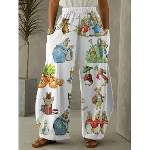 Women's Vintage Bunny Print Wide-Leg Pants - Casual, Stretchy Polyester Blend, Machine Washable, Thickened Fabric