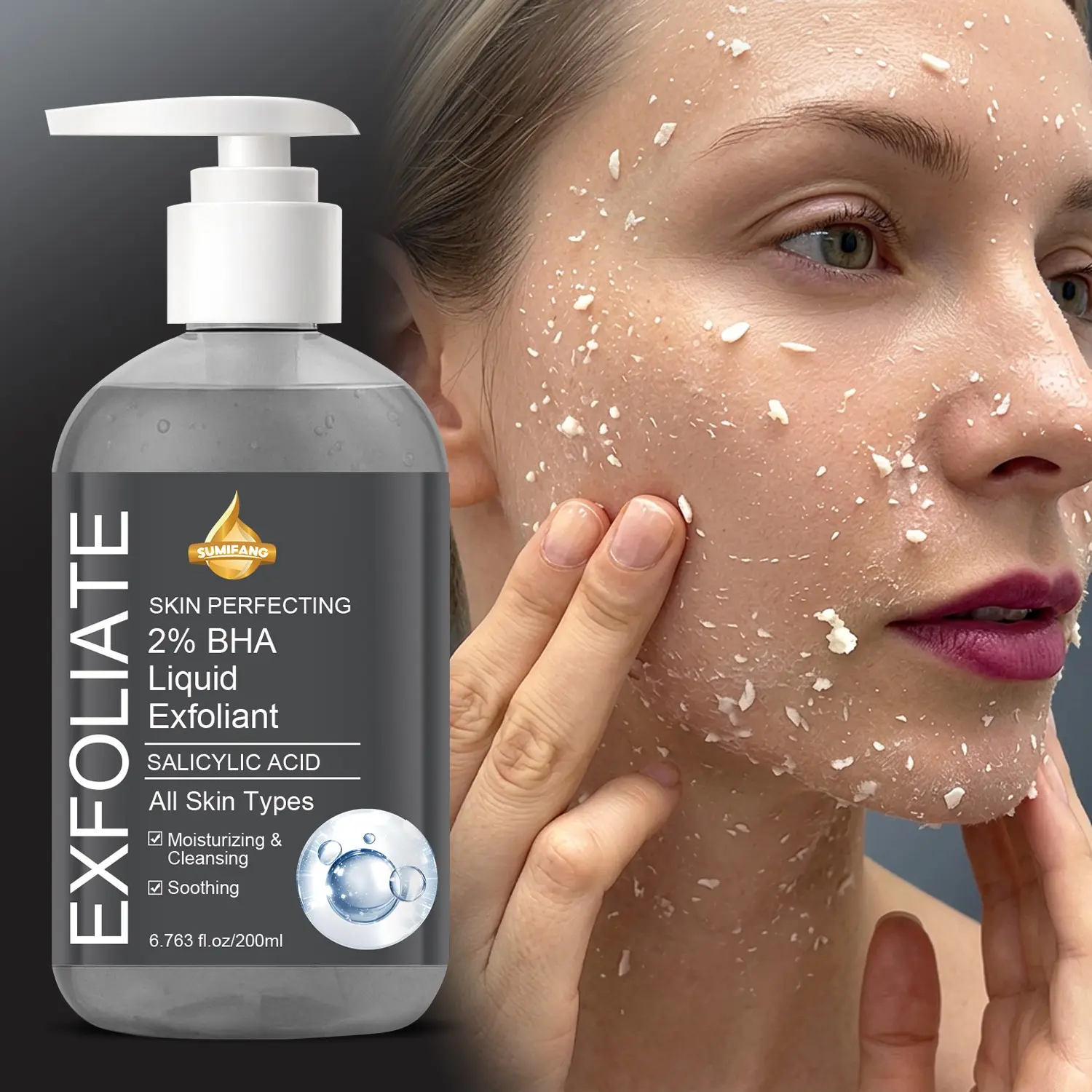 Gentle fruit acid exfoliating serum for body and face, moisturizes and soothes skin, removes dead skin, unclogs pores, controls oil, cleanses away dead skin cells, gently cleanses pores, hydrates, soothes and repairs, Exfoliate