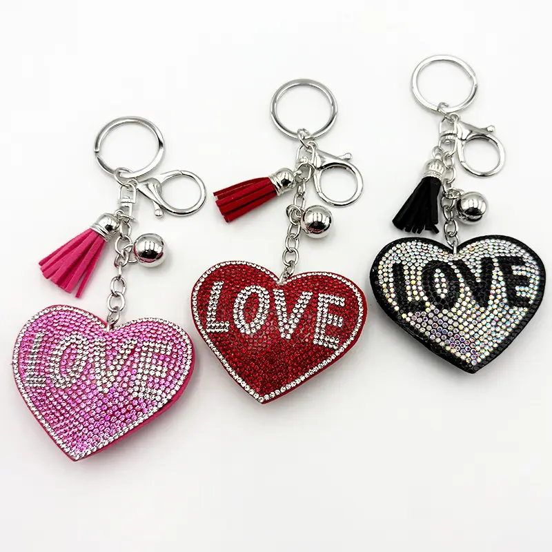 #JY  3pc   Hot-fix Rhinestone Heart Keychain with Sports-Style Ball & Tassel – Best-Selling Accessory for Cars and Bags