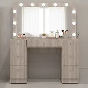 Bohemian Luxe Vanity with Built-in Lights Seven Drawers Crystal Knobs 110V Outlet Durable Design