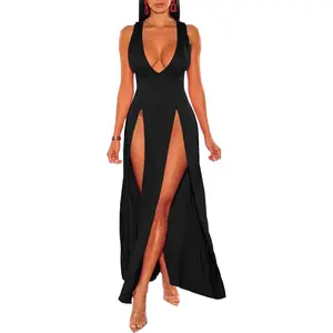 Women's Plus Size Sleeveless Deep V Neck Front Split Long Maxi Wrap Dress Casual Spaghetti Womenswear Straps Formal 2#Black Basic Minimalist