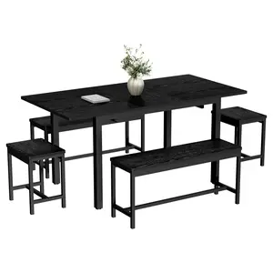 Garvee 5-Piece Black Dining Table Set for 6-8 People, Extendable 63 Inch Kitchen Table with 2 Benches & 2 Stools, Modern Extendable Dining Table for Small Space, Easy Assembly, Black