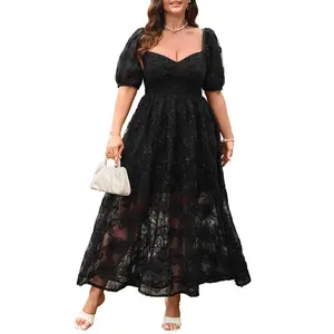 EYWOL Women Plus Size Festive Lace Dress Puff Sleeve 3D Embroidery A-Line Maxi Sweetheart Neckline Cocktail Wedding Guest Gown for All Seasons