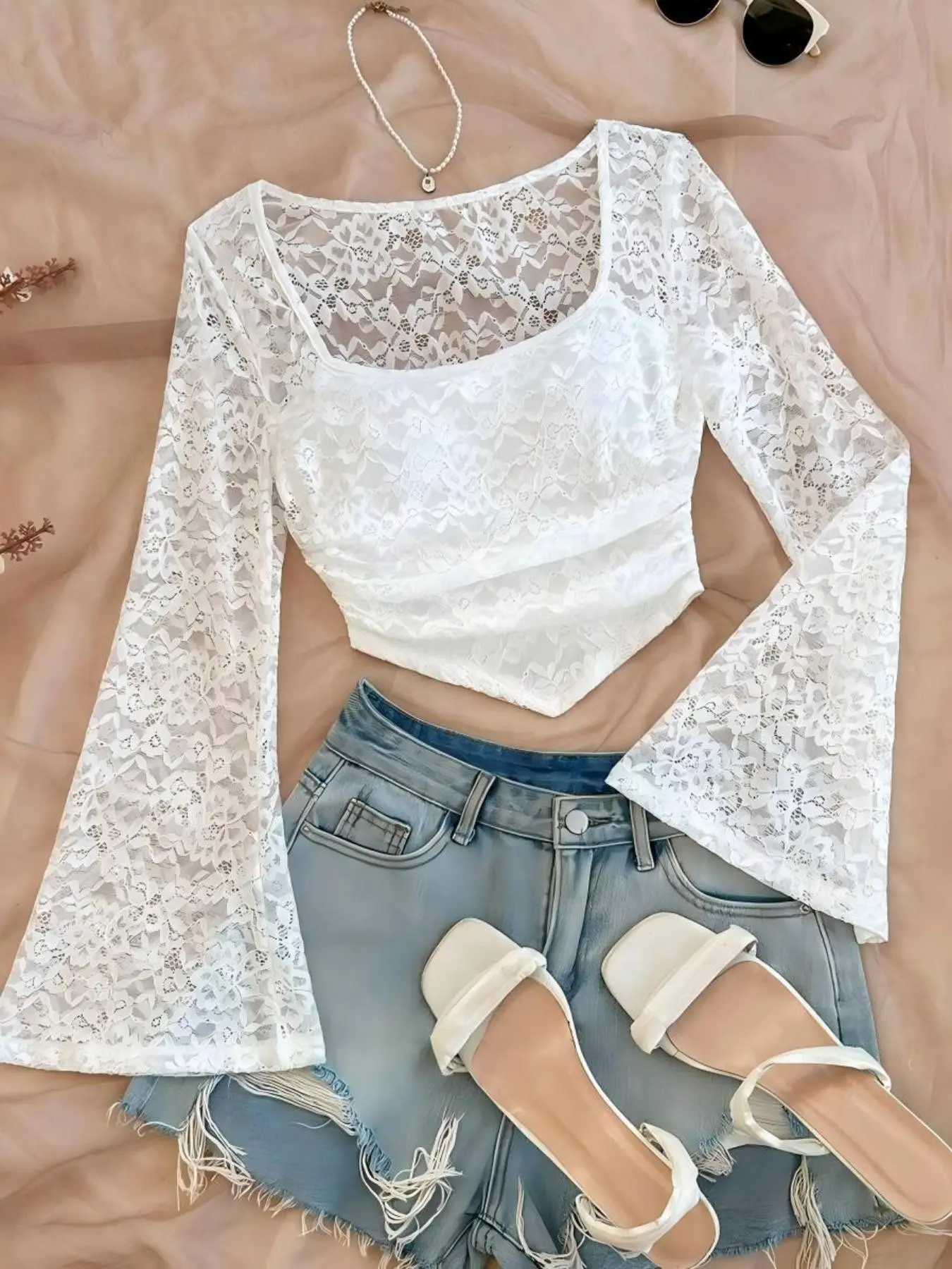 Women's Lace Ruffle Flare Sleeve T-Shirt, Fall Winter, Back-To-School, Outdoors, Hippie Style, Casual Boho Blouses, Long Sleeve Top