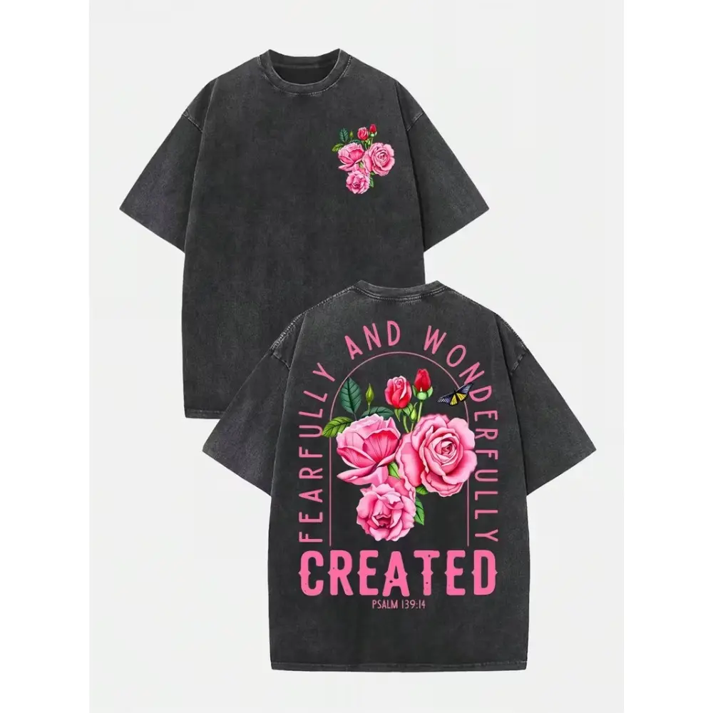 Amazing Pink Rose Vintage-style Loose Printed T-shirt, WomenS Short-sleeve Design, 8 11oz Pure Fabric, Relaxed Fit Perfect for Casual Attire Or As A Gift for Friends Lyrics Taken From Psalm 139: 14, Beautifully Designed 100% Pure Cotton Top