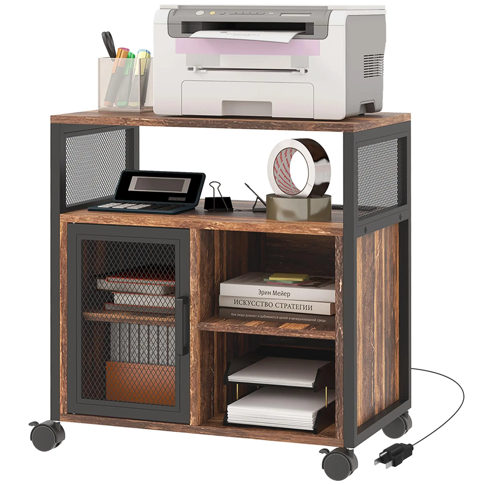 Rustic brown printer table with power sockets rolling wheels and storage space perfect for home office and study room use