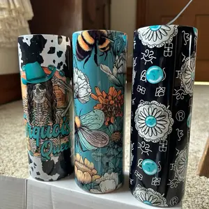 20oz skinny tumbler with straw custom western design choice Bottles Drinkware Water Bottles turquoise punchy cow print cheetah bees floral Stylish Coffee Beverage Portable Cup