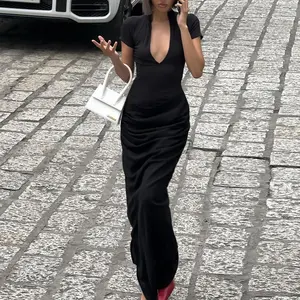 2025 new women's clothing sexy deep V short-sleeved solid color Spice Girl style pleated long dress
