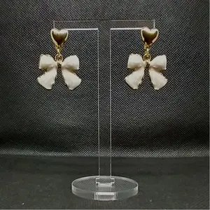 #517 White Bow with Golden Heart Stud Earrings, Casual, Daily, Alloy, Everyday Cute Jewelry