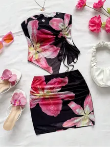 Romantic Floral Eyelet Mesh Backless Top, Adjustable Drawstring Design, Sleeveless & Strapless Style, Perfect for Summer