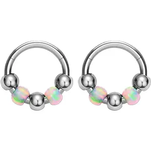 2 count 18G Opal Bead Nose Ring G23 Titanium Hinged Clicker Septum Ring Helix Cartilage Earrings Hoop for Women Men
