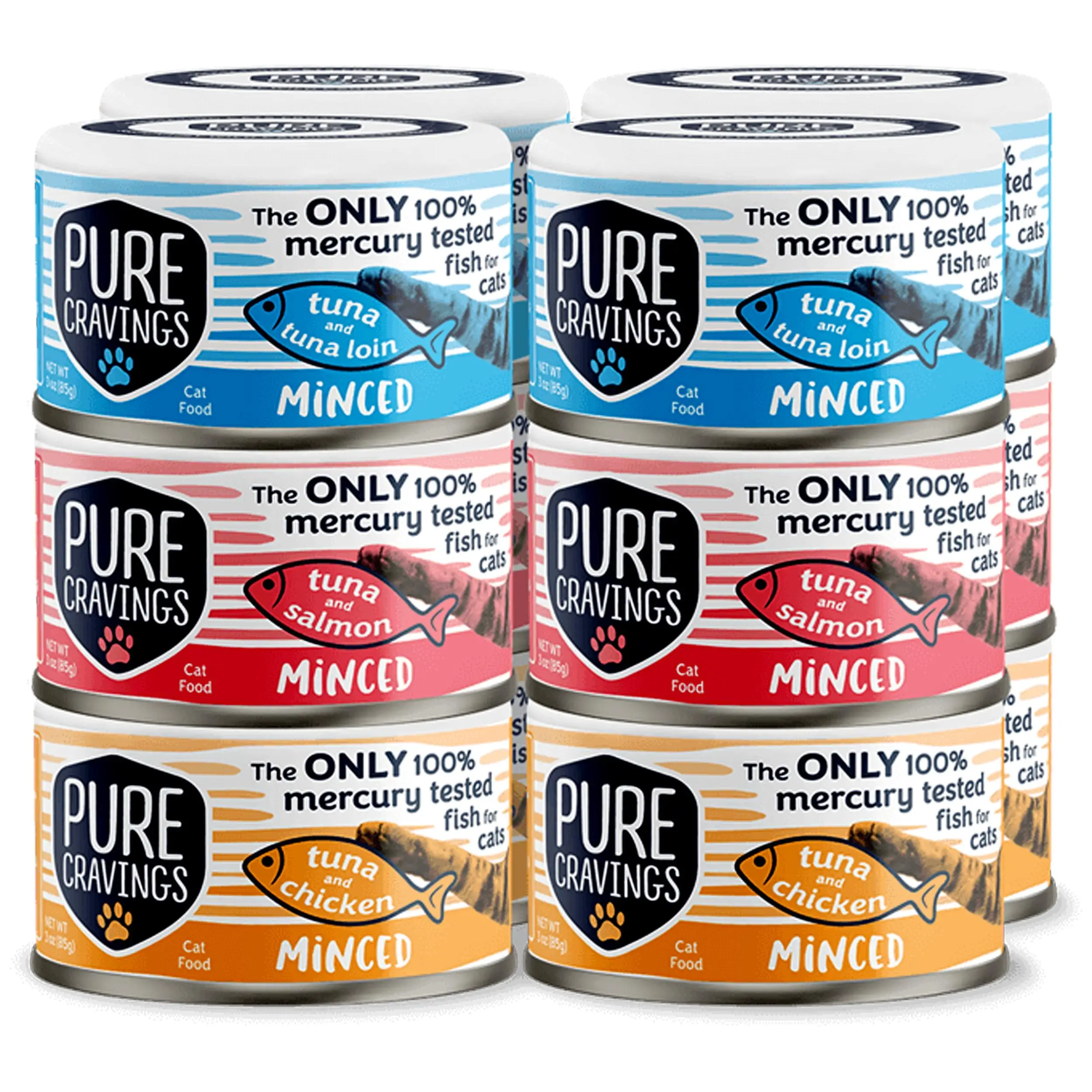 Pure Cravings Minced Tuna Wet Canned Cat Food, 100% Mercury-Tested, Moist Can Fish for Cats, Grain-Free, Protein, Non-GMO, Variety Pack, 3oz, 12-Pack
