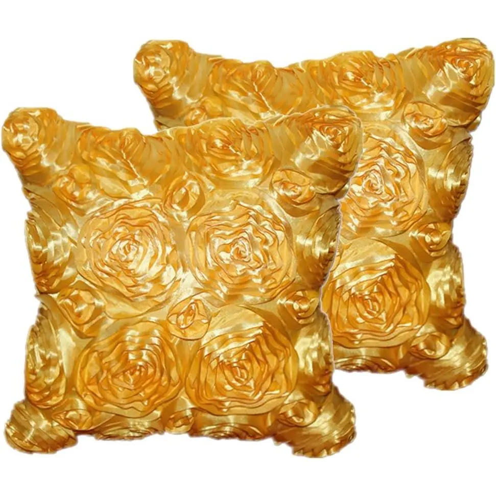 Gold Glossy Satin Floral Throw Pillow Covers (Set of 2) - Pretty Glam All Seasons Couch Cushion Cases, Hidden Zipper for Easy Insertion, Machine Washable Home Decor, Bridal Party Gifts, Natural Elegance Enhancer, Fun to Any Room