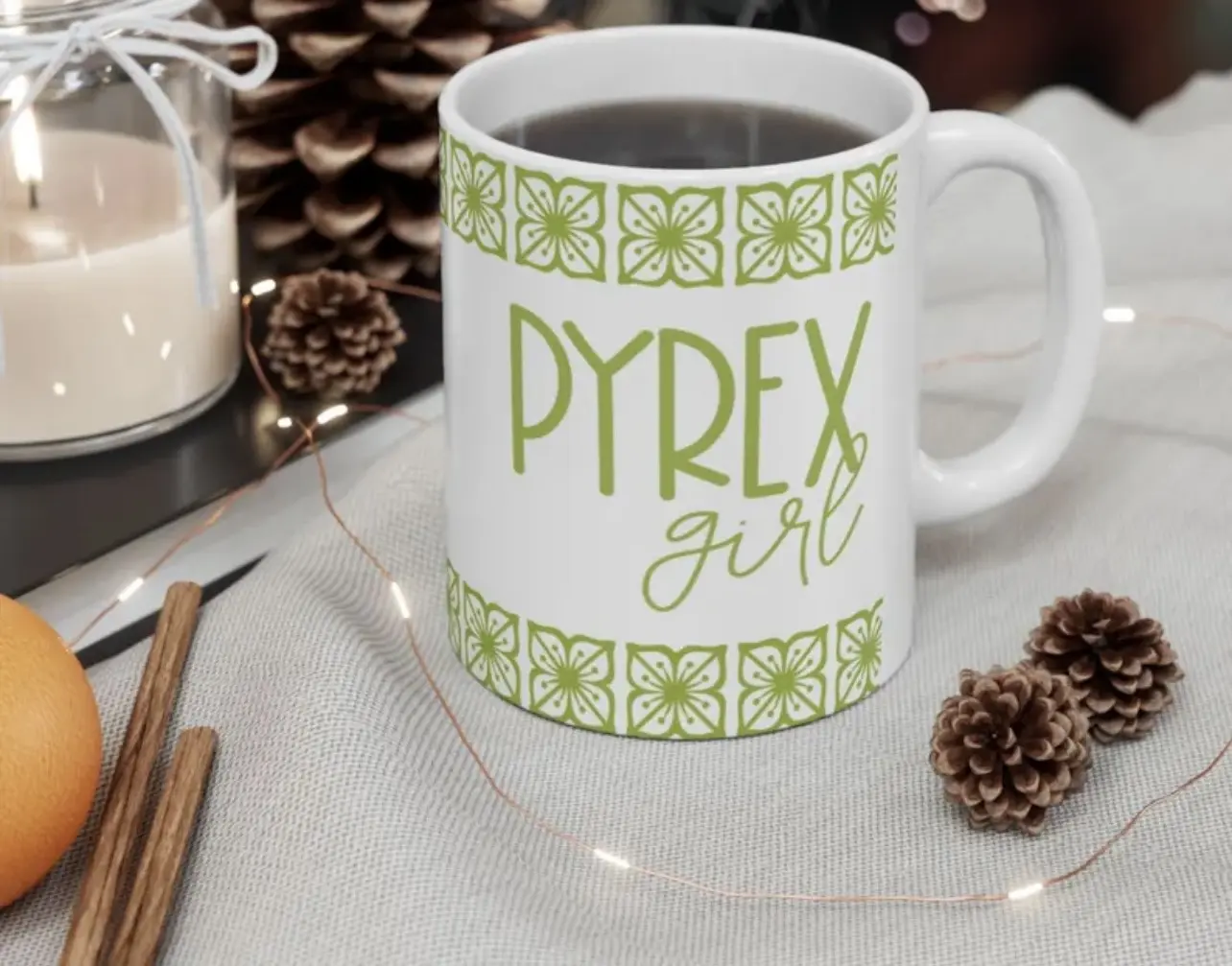Pyrex Girl Mug, Retro Coffee Cup with Vintage Pyrex Verde Green Design, Gift for Pyrex Collector, Kitchen Decor, Tea Mug, Ceramic