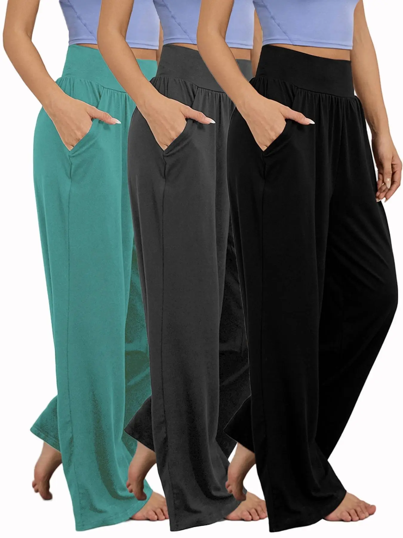 Women's Plain Pocket High Waist Joggers, Casual Comfy Wide Leg Trousers For Outdoor Sports, Airport Outfit,Women's Sport & Outdoor Lounge Outfit Cloth