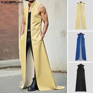 INCERUN Men's Solid Color Sleeveless Long Lengthy Leather Maxi Duster Coat - Lightweight, Polyester-Blend, Pocket-Equipped Menswear, Edgy Versatile Layering Piece for Party & Everyday Wear,summervibes
