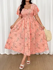 Summer Plus Size Floral Dress, Square Neck, Elastic Waist, Lightweight Fabric, Casual Style, Ideal for Vacation/dating/commute/light Travel