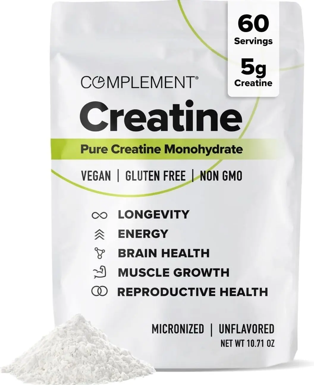 Complement Creatine Monohydrate Micronized Powder for Women and Men (5g, 60 Servings) Pre Workout, Post Workout, Muscle Recovery, Brain Health, Longevity- Vegan, Unflavoredundefined