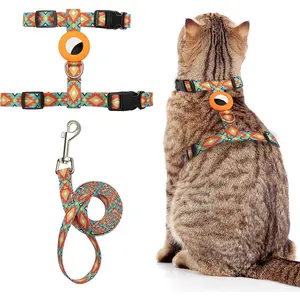 Cat Harness and Leash Escape Proof for Walking Travel Outdoor - Soft Nylon Adjustable Cute Cat Harness Leash Set with Airtag Holder for Small Large Cats