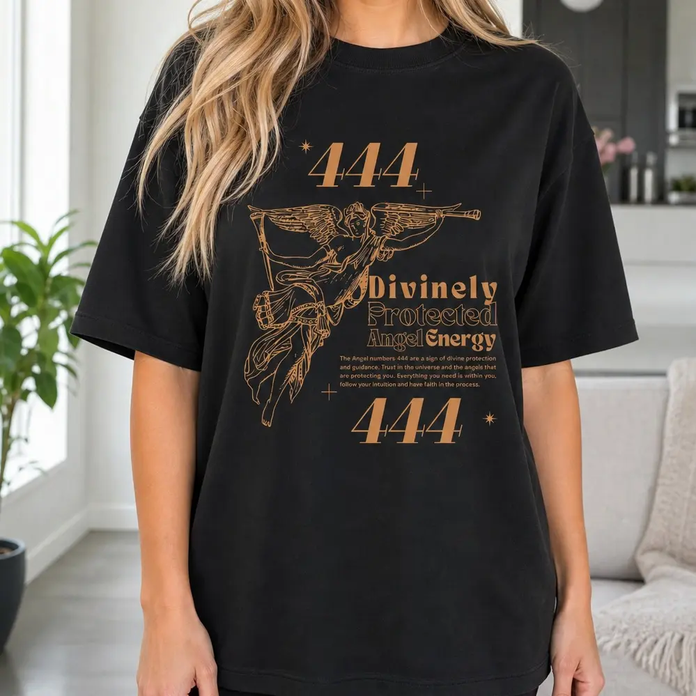 Unisex Angel Number 444 Graphic T-Shirt, 100% Cotton Basic Crewneck Short Sleeve Casual Spiritual Top For Men Women Fabric Womenswear