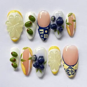 Handmade Summer Fruit Press On Nails, 3D Lemon Blueberry Olive Design Fake Nails Set, Unique Almond Nail Set, Holiday Nails, Gift for Women
