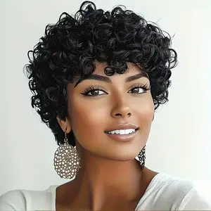 Glueless Wigs Curly Human Hair Wigs for Women Human Hair Afro Kinky Curly Styles Soft and Fluffy 70s 80s Pixie Cut Wig Cosplay Daily Use High Density Pixie Curl Afro Wig Natural Work Hair Wig