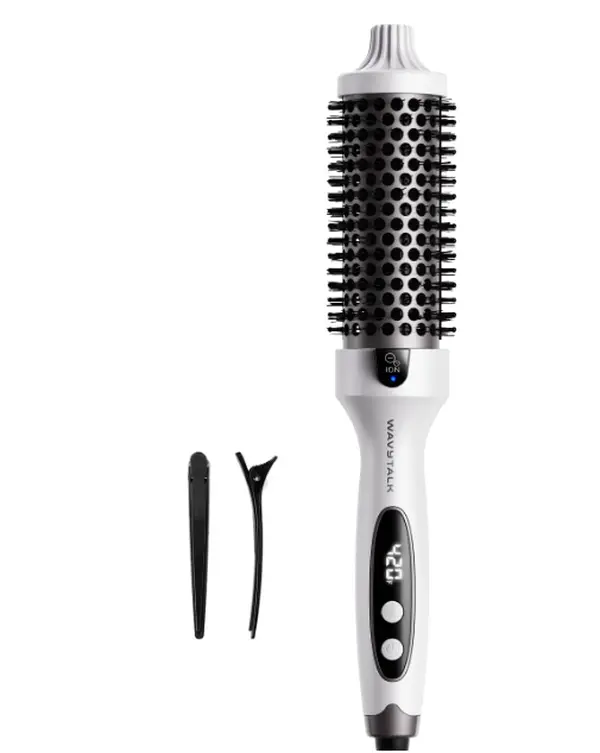 Wavytalk Thermal Brush Blowout Boost 1.5″ Heat Round Brush for Blowout Look Negative Ion Technology, Tourmaline Ceramic, 5 Temperature Settings Dual Voltage, Less Damage, White
