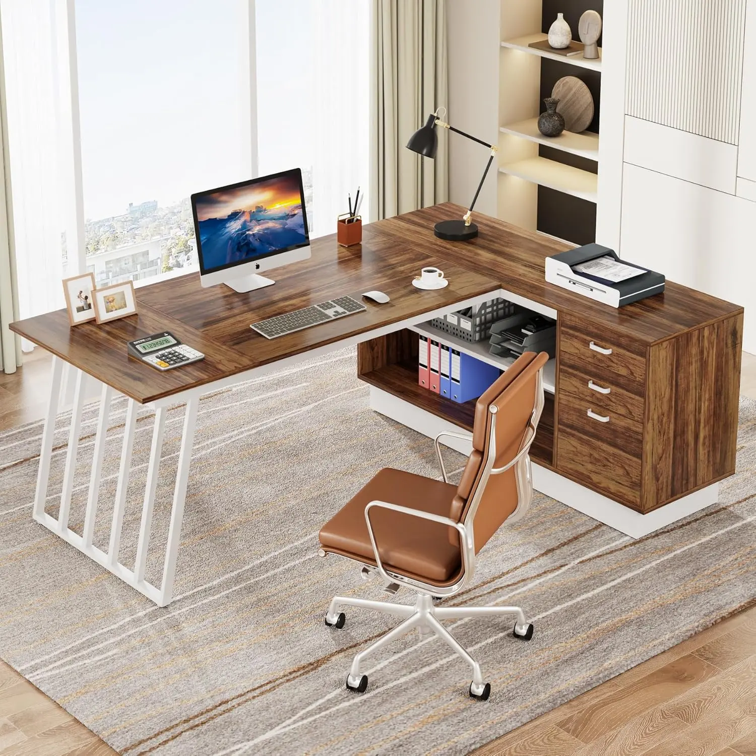 LITTLE TREE 71-Inch Executive Desk, L-Shaped Desk with Cabinet, Large Office Desk with Drawers and Storage Shelves, Writing Table Computer Desk for Home Office