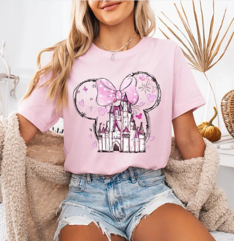 Adult & Youth Pink Fairytale Castle Bow Graphic T-Shirt, Cute Magical Vacation Tee, Princess Fantasy Aesthetic Top, Casual Gift for Girls and Moms