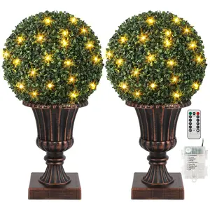 Gaomon 2 Pcs 16'' Artificial Plant Topiary Balls with 40 LED Lights Gold Urn Base for Backyard Balcony Garden Wedding Home Decor Lifelike Faux Boxwood Balls