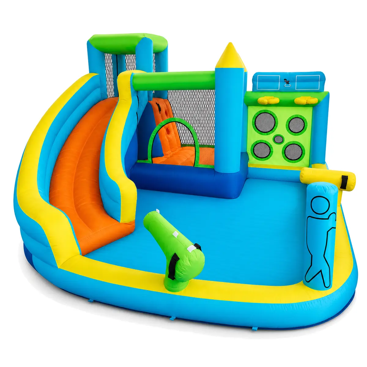 7-in-1 Inflatable Bounce House with Water Slide & 480W Blower, Kids Jumping Castle with Climbing Wall, Splash Pool, Basketball Hoop & Water Gun for Backyard Outdoor Parties