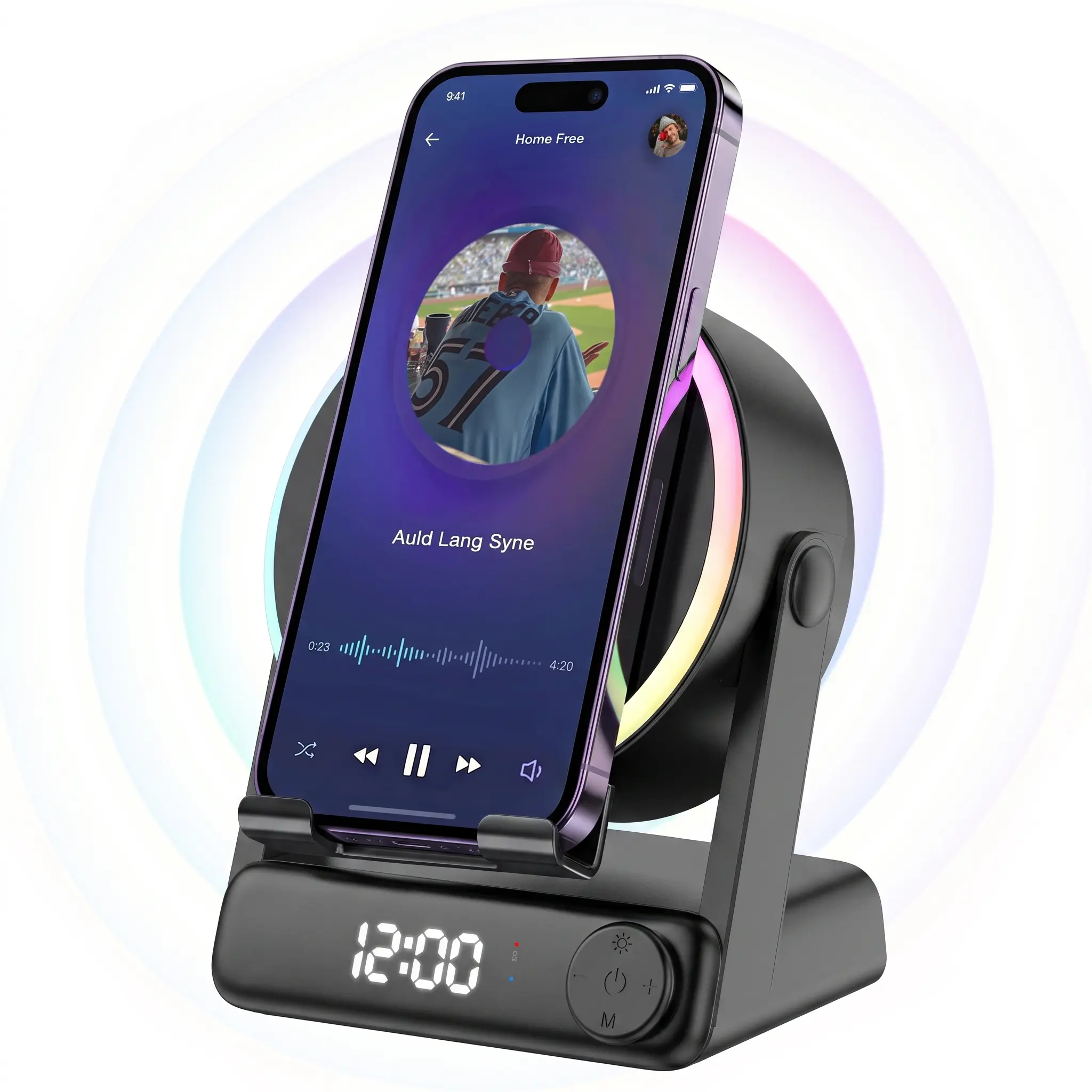 MFHHFM Induction Speaker with Phone Stand, 5 in 1 Wireless Induction Bluetooth Speaker, Digital Alarm Clock, RGB Colorful Night Light, Stereo Phone Sound Amplifier for iPhone, Android & Tablets, Tech Gifts for Men Women Teens