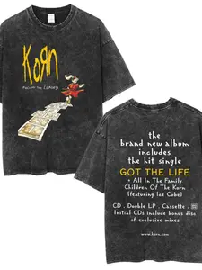 Korn Follow the Leader Retro Washed Fitted Tee | Exclusive outfit for band fans, retro washed black+double-sided print!
