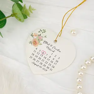 Personalised Wedding Gift,Ceramic Heart Keepsake Ornament,Wedding Bauble Gift for Couple,Custom Calendar with Names and Date,Newlywed Gift
