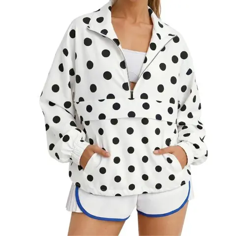 Fisoew Womens Polka Dot Quarter Zip Pullover UPF 50+ Windbreaker Jacket | Stand-Up Collar, Pocket, Oversized, Lightweight, Running, Hiking, Shirts