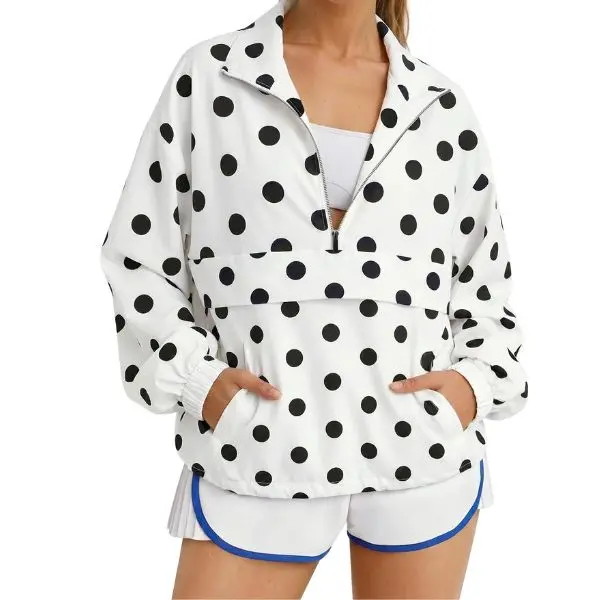 Fisoew Womens Polka Dot Quarter Zip Pullover UPF 50+ Windbreaker Jacket | Stand-Up Collar, Pocket, Oversized, Lightweight, Running, Hiking, Shirts