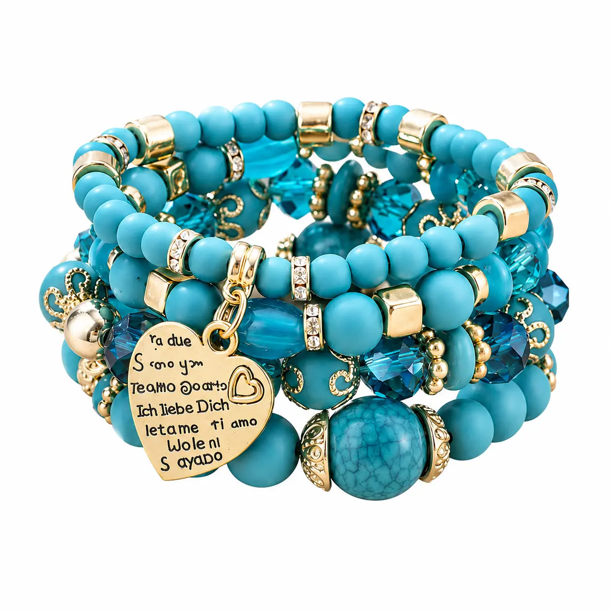 Boho Turquoise Beaded Bracelet Set, 4 Pcs Stackable Love Heart Charm, Romantic Meaningful Friendship Gift Jewelry Matching good fortune money attraction bracelet
