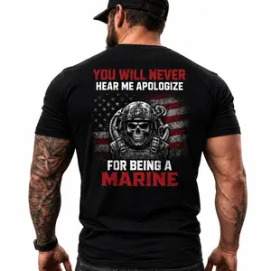 US Marine Veteran Graphic T-Shirt with Patriotic Skull Design, Soft Breathable Round Neck Streetwear Apparel, Unisex Gift for Everyday Wear