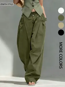 Hiphop Cool Girl Style Pleated Cuffed Lantern Pants, Casual Pocket Trousers, Loose Fit Drape Long Trousers, Casual Women's Fashion for Spring & Fall