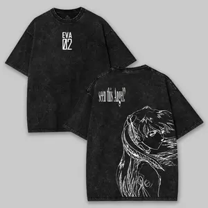 Evangelion Asuka Langley Anime Graphic Tee Acid Washed Soft Cotton Shirt Anime Streetwear Casual Menswear Unisex Summer Clothing Gift for Anime Fans Fabric Top