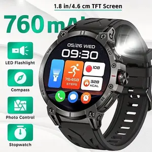 Military Smart Watch for Men, 760mah Battery, LED Flashlight & Compass, 1.8'' HD Screen, Bluetooth-compatible Calling, Water Resistant